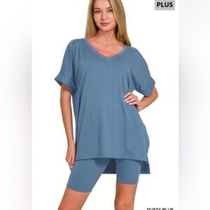 Zenana PLUS BRUSHED DTY MICROFIBER V-NECK TOP & BIKER SHORT SET